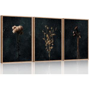 Moody Dark Orange Floral Framed Canvas Wall Art Set, Minimalist Wildflower Wall Decor, Black Flower Botanical Wall Painting, Modern Illustration Art Print Living Room, Bedroom, Office 36"x24"x3