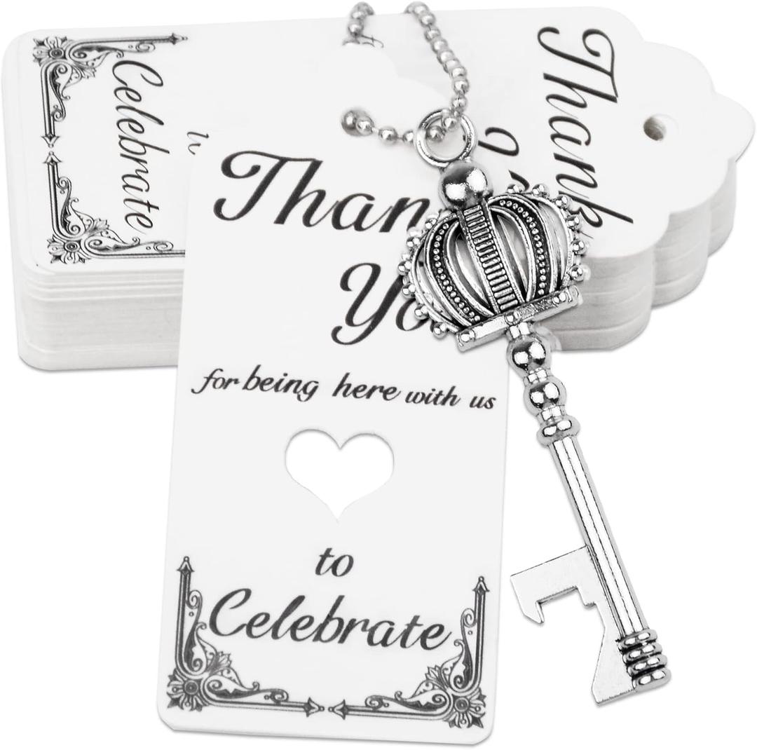 100 Pcs Key Bottle Opener Wedding Party Favors, Crown Skeleton Keys for Birthday Anniversary Party Gifts for Guests with Keychain and Thank You Cards (Silver)