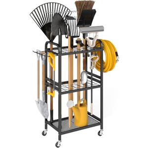 Hadulcet Garden Tool Organizer, Metal Garage Organization and Storage with Lockable Wheels, Garden Tool Rack with Storage Hooks, Heavy Duty Yard Tool Organizer for Garage, Shed, Lawn, Outdoor, Black