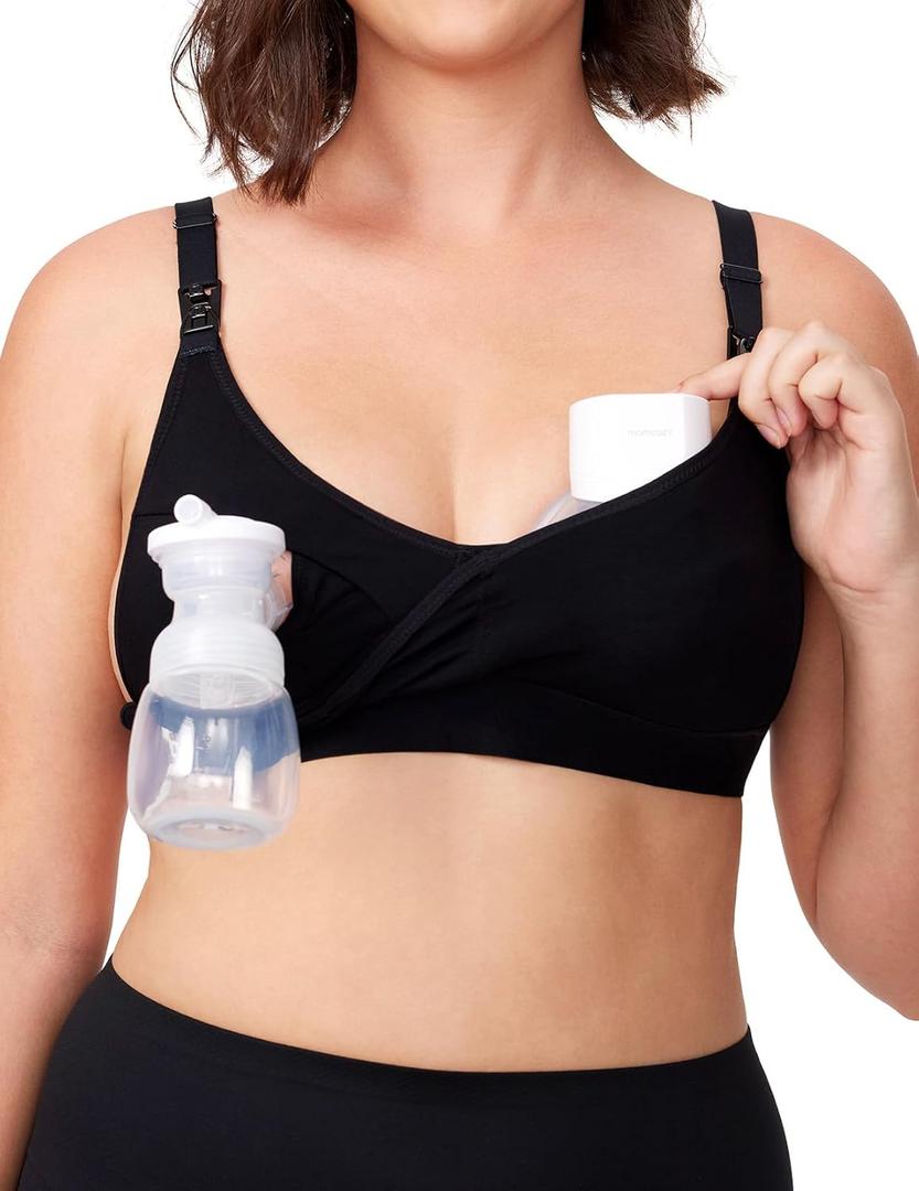 Momcozy V Neck Pumping Bra Hands Free, Comfort All-Day Wear with CozyFitClasp for Pumping & Nursing in One (Size Large, Black)