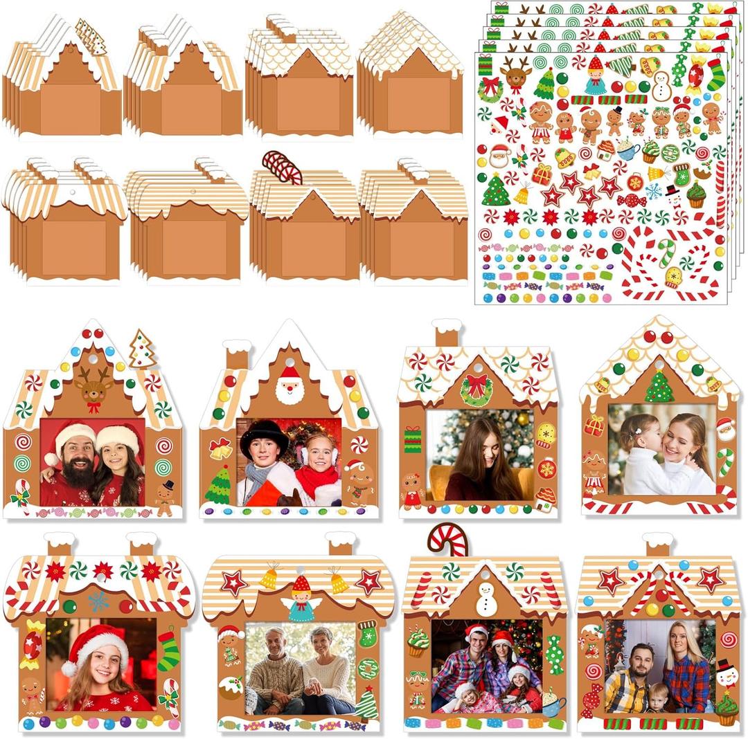 Zhanmai 48 Sets Gingerbread House Picture Frame Bulk Christmas Craft Kits DIY Gingerbread Candy Craft with Self Adhesive Stickers for Christmas Tree Hanging Frame Ornaments Keepsake Party Decoration