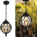 Outdoor Pendant Light Fixtures For Porch, Waterproof Exterior Lantern Glass Vintage Hanging Ceiling Light Retro Aluminum Outside Chandelier For Porch Patio Entryway Farmhouse (27cm/10.6",Black)
