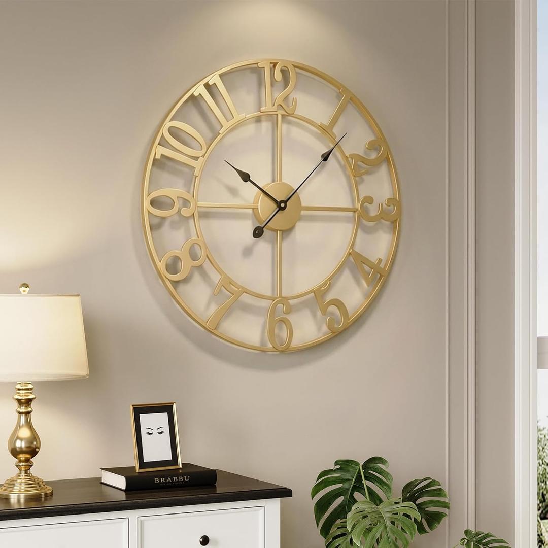 Large Wall Clock Gold Clocks for Living Room, 24 Inch Decorative Wall Clocks Battery-Operated, Modern Metal Round Clock Silent Non Ticking for Kitchen Mantel Bedroom Office Decor, Arabic Numerals