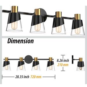 URSOLA Bathroom Light Fixtures, 4 Lights Bathroom Lighting Fixtures Over Mirror, 28.34 inch Black and Gold Design with Bevelled Edge and Clear Glass Shade Wall Lamp