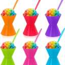 6 Pack 6oz Reusable Silicone Snow Cone Cup Set Leakproof Cups & Spoon with Holders for Summer Cookout Party Kid Friendly, for Slushies Shaved Ice & Ice Cream(Rainbow)