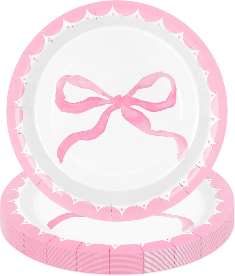 JarThenaAMCS 50 Pcs Pink Bow Paper Plate Watercolor Coquette Bowknot Disposable Plate 9 Inch Decorative Dinner Plates for Birthday Bachelorette Bridal Baby Shower Party Favors Table Decor