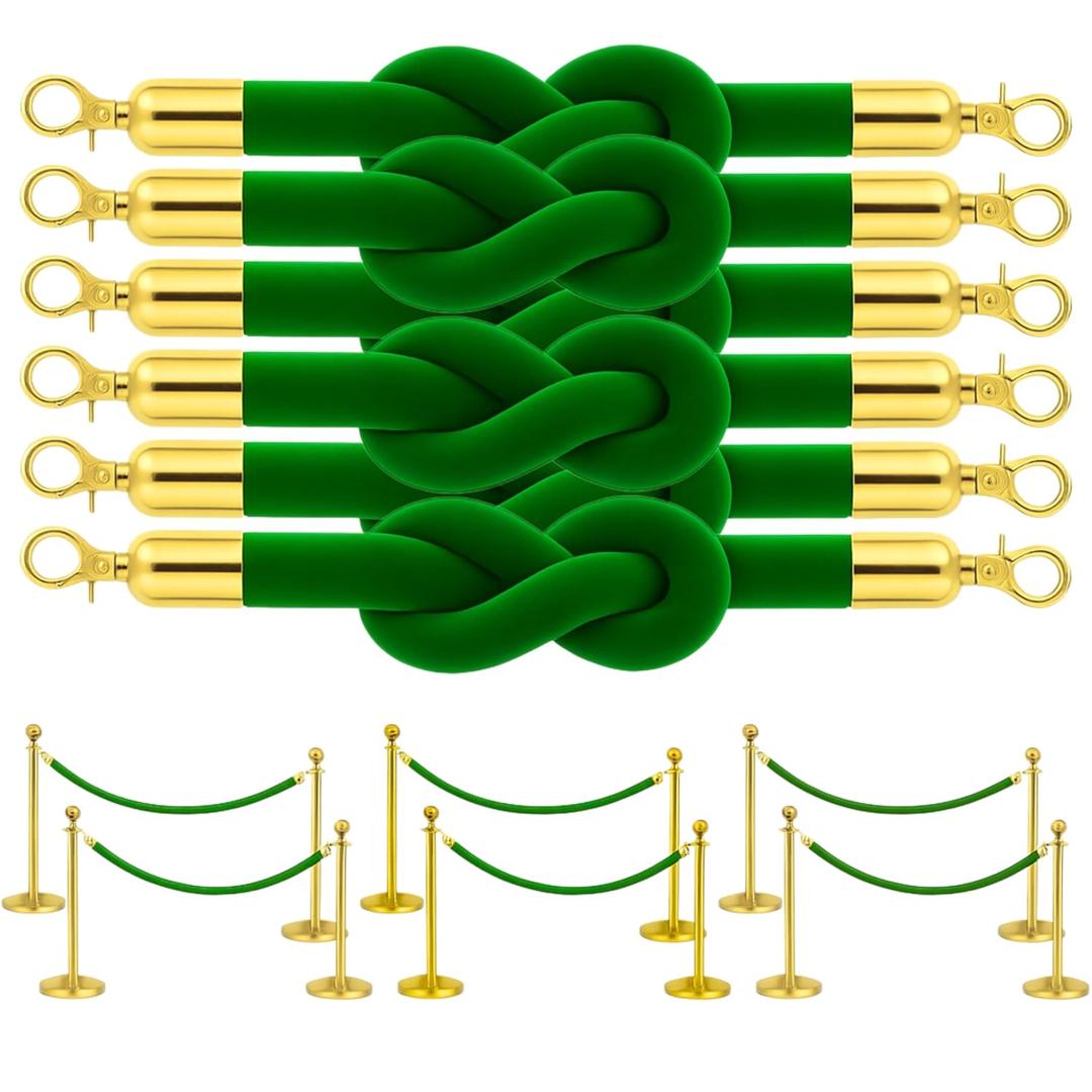 6 Pack Green Velvet Rope 5 Foot with Gold Hooks  Premium Stanchion Rope for Events and Crowd Control  Durable VIP Barrier for Queue Management and Decorative Use
