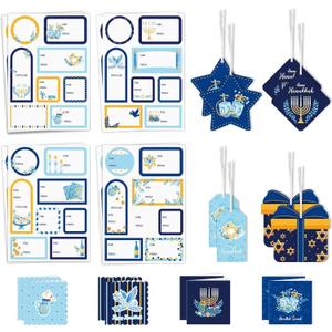 WERNNSAI Hanukkah Holiday Gift Tags - 24PCS Blue Themed Gift Wrapping Tags with Ribbon, Sticker Seals, and Mini Notecards (Star of David, Menorah, Dreidel) for Gift Bags and Wrapped Presents