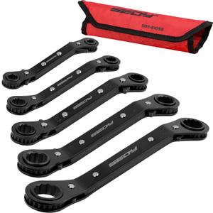 Ratchet Box Wrench SAE Set - 5-Piece Ratcheting Head Reversible Double Offset Wrenches Socket Spanner Tool Adjustable Direction Box End Universal Stubby Handle Angle Head