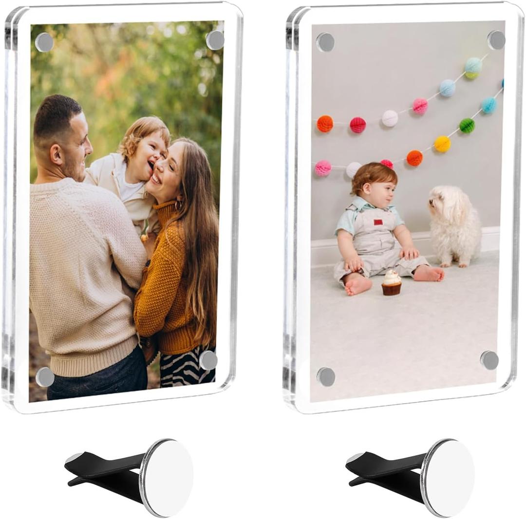 PIFOOG 2 Pack Car Picture Holders for Air Vent Clip Photo Frame Magnetic Acrylic Picture Frames for Cars Dashboard Drive Safe Daddy Personalized Memorial Family Couple Pet Wallet Size 2.4  3.5 inch