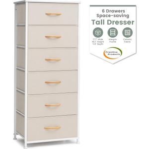 Crestlive Products Tall Dresser for Closet, Vertical Storage Tower - Sturdy Steel Frame, Wood Top, Easy Pull Fabric Bins Handles - Organizer Unit for Bedroom, Hallway, Entryway - 6 Drawers (Beige)