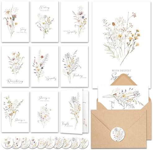 Pack of 2 20 Pcs Sympathy Cards with Envelopes and Thoughtful Messages (4"x6") - Wildflowers Watercolor Condolences Cards - Bereavement Cards Set with Envelopes and Matching Stickers - Sympathy Cards Bulk