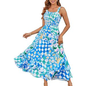 GRACE KARIN Women's 2025 Summer Floral Boho Dress Square Neck Strapped Swing A Line Sundress Beach Long Maxi Outfits (Large, Color: Blue Green)