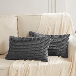 Fancy Homi 2 Packs Dark Grey Decorative Throw Pillow Covers 12x20 Inch for Living Room Couch Bed Sofa, Rustic Farmhouse Boho Home Decor, Soft Striped Corduroy Square Cushion Case 30x50 cm