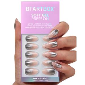 BTArtbox Press On Nails Short - Silver Fizz, Chrome Glitter Almond Press On Nails with Glue and Adhesive Tabs for Women in 16 Sizes - 32 Soft Gel Glue On Nails Kit