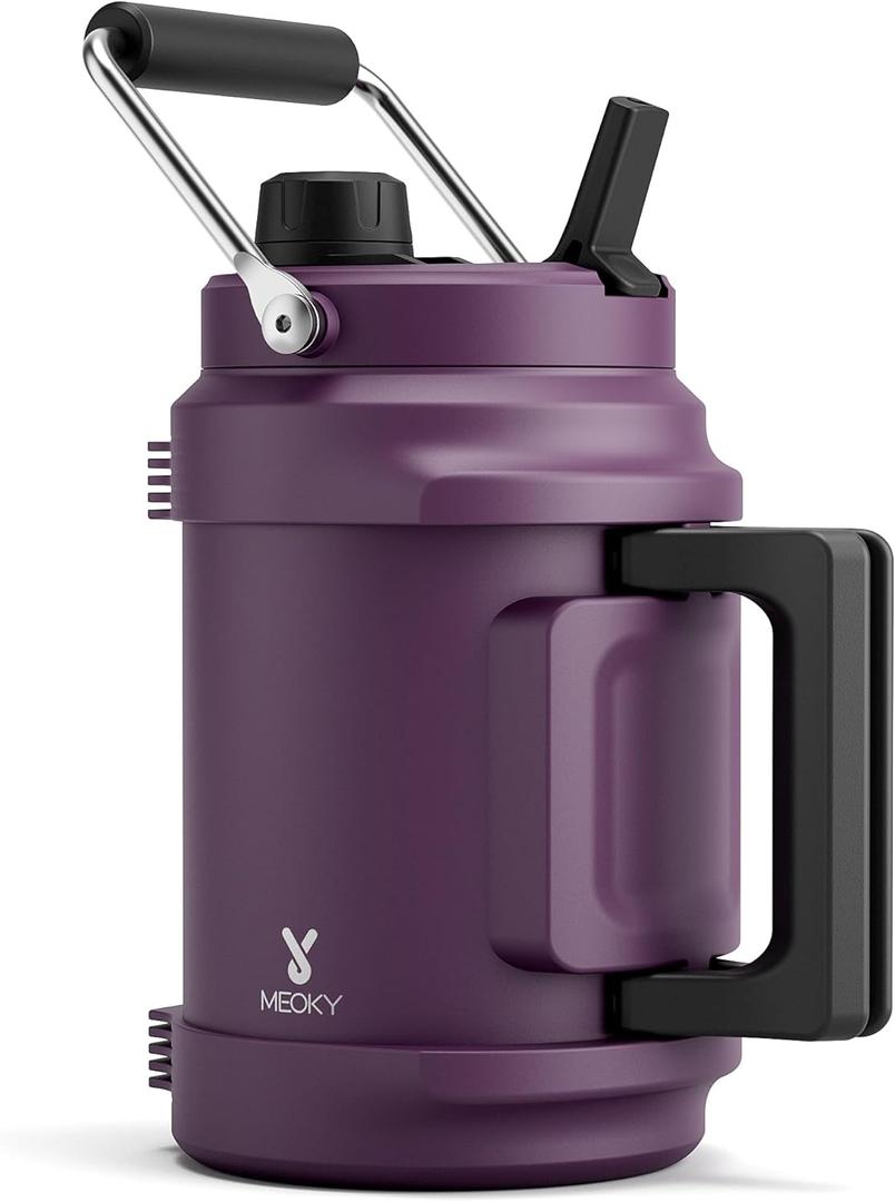 64 oz Insulated Water Bottle for Gym: Meoky Triple Wall Vacuum Stainless Steel Half Gallon Water Jug - Top and Side Handles, 2-in-1 Straw and Spout Lid, Cold for 36 Hrs, Leak Proof for Camping (Plum)