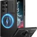 FUNMIKO for Samsung Galaxy S22 Ultra Case with Sliding Camera Lens Cover,Wireless Charging Compatible,Magnetic Kickstand,Shockproof Protective Phone Case for Men Women Girls,Black