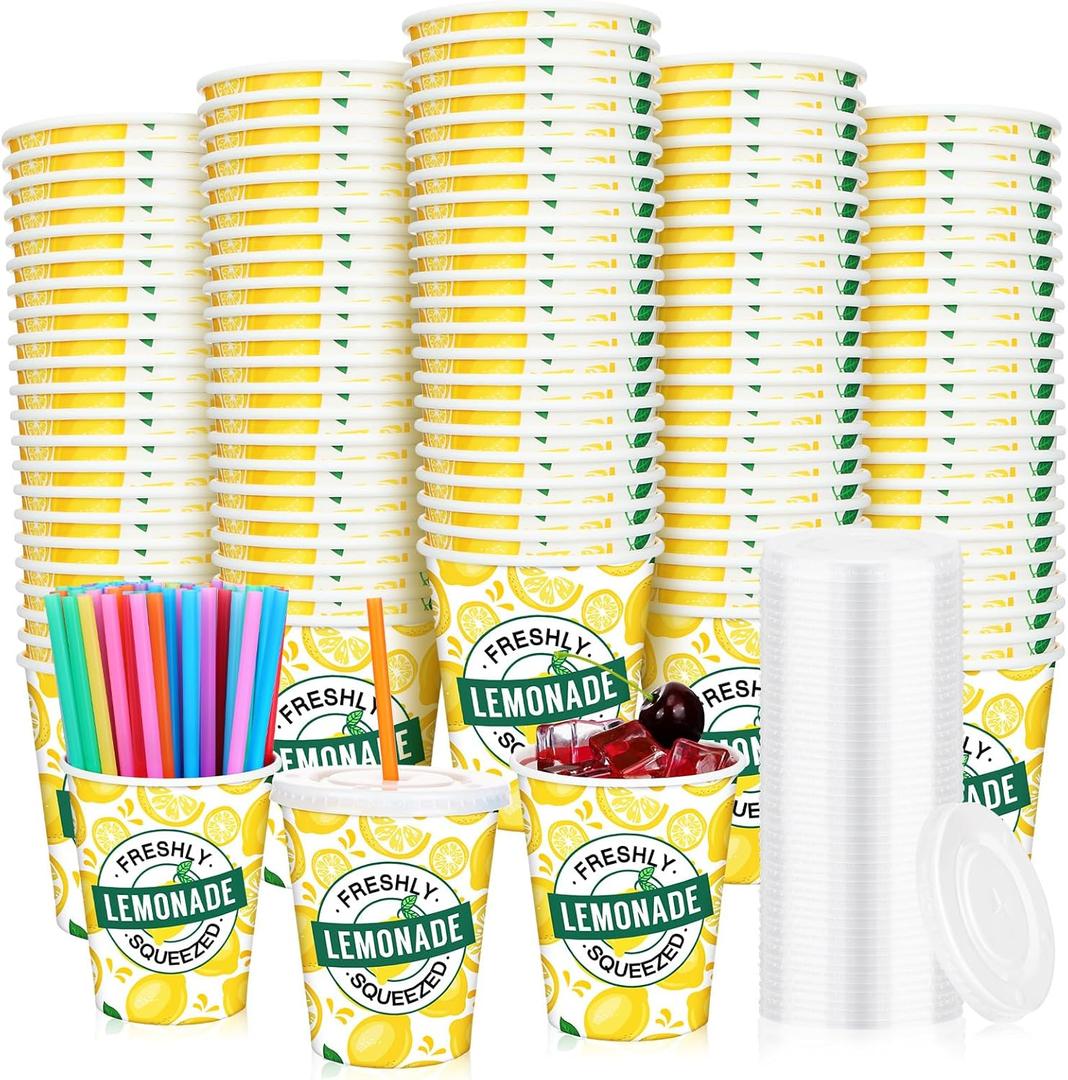 Meanplan 300 Pieces/100 Sets Lemonade Cups with Lids and Straws Disposable Cups for Party Decorative Lemon Paper Cup Lemonade Stand Supplies for Water Juice Kitchen Coffee Birthday Decorations (9 oz)
