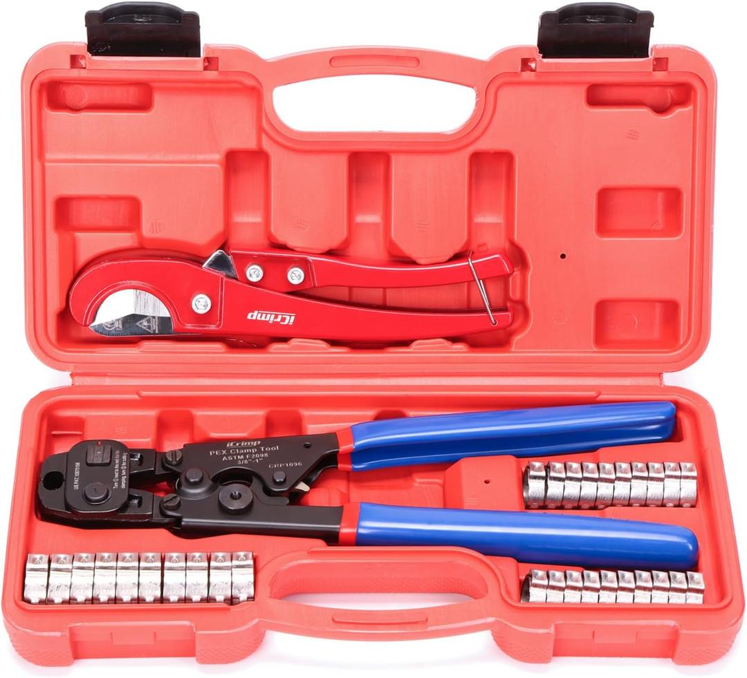 iCrimp Ratchet PEX Cinch Tool with Removing Function for 3/8-in, 1/2-in, 3/4-in, 1-in Stainless Steel Clamp, PEX Crimper with 20PCS 1/2-in, 10PCS 3/4-in PEX Clamps and Pipe Cutter- All in One