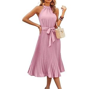 KIRUNDO Women's 2025 Summer Sleeveless Halter Neck Pleated Midi Cocktail Dresses A Line Flowy Beach Sun Dress with Belt, M
