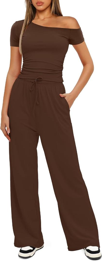 Darong Women's 2 Piece Outfits Lounge Sets Off Shoulder Short Sleeve Tops and High Waisted Wide Leg Pants Tracksuit Sets S 