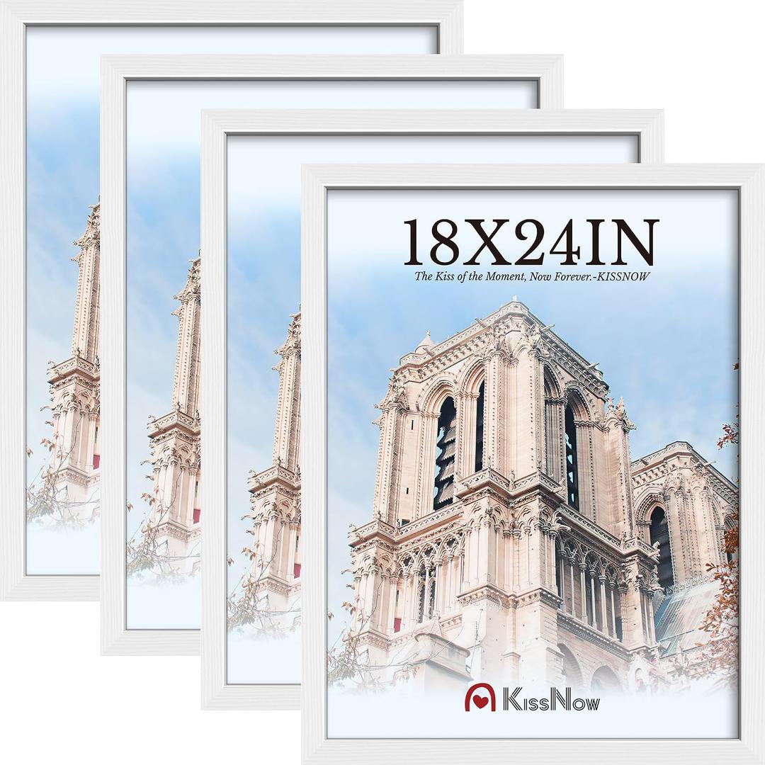 18x24 Poster Frame 4 Pack, White Solid Wood Picture Frame with Polished Plexiglass, Wall Hanging