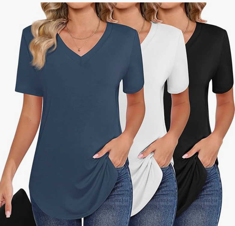 Ficerd 3 Pack Plus Size V Neck T-Shirts for Women, Short Sleeve Split Side High Low Hem Tunics Tops Basic Summer Tee Blouses L