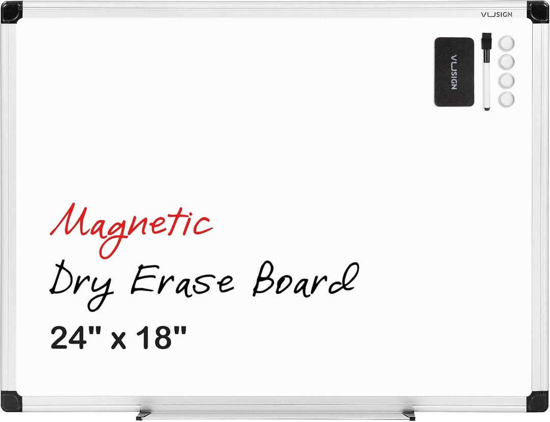 VUSIGN Magnetic White Board 24" x 18" with 1 Dry-Erase Eraser, 2 Multicolor Marker, 4 Magnetic Pins, Sliver Reinforced Aluminum Frame for Office, Home, School