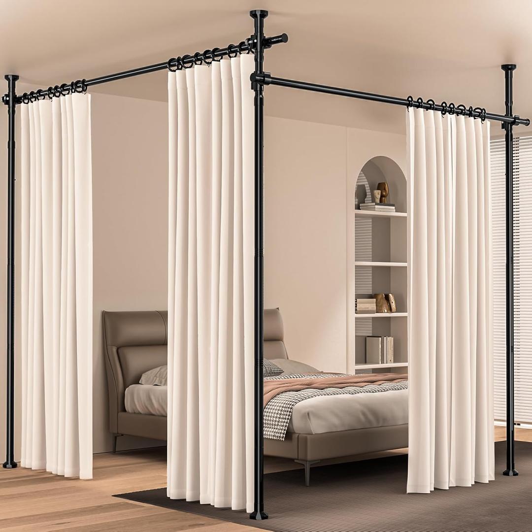 Room Divider, Tension Curtain Rod No Drilling,4-10ft(H) 28-140inch(W) Wall Divider for Room Separation, Heavy Duty Room Partition Separator, Adjustable Folding Privacy Screens,Black (Balck)