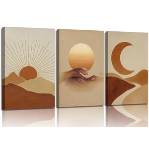 3Pcs Boho Sun and Moon Canvas Wall Art Abstract Poster Print Mid Century Modern Picture Earth Tone Minimalist Celestial Painting Wall Decor for Bedroom Living Room 16x24in Framed