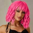 LINGHANG Short Pink Wigs for Women Short Wavy Hot Pink Wigs with Bangs Synthetic Curly Bob Wig Curly Shoulder Length Cosplay Wig for Women Girls