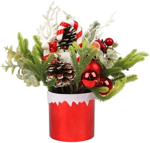 Mini Christmas Tree, Mini Tabletop Christmas Tree Decor for Desk Bedroom Office Home Small Christmas Decorations with Red Christmas Ball Santa Figure Pine Cones for Holiday
