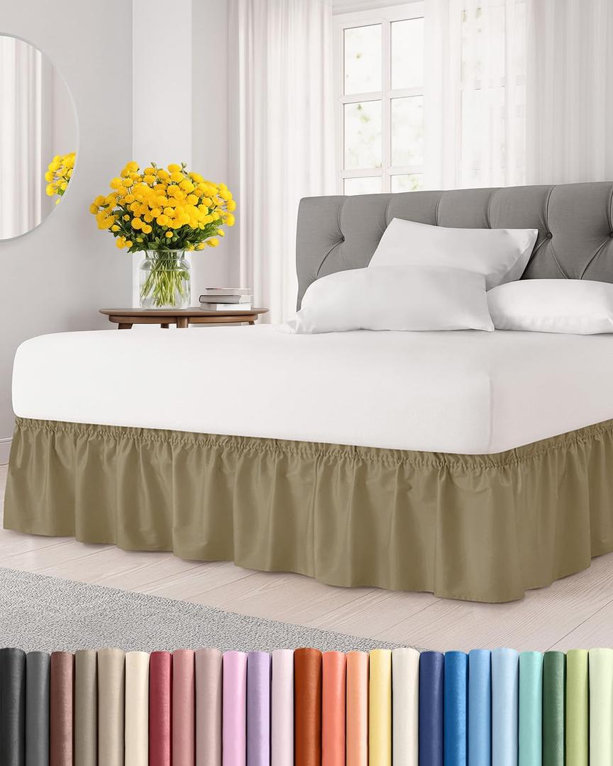 Wrap Around Dust Ruffle Bed Skirt - Khaki - for King Size Beds w/ 15 Inch Drop - Easy Fit Elastic Strap - Adjustable Pleated Bedskirt w/Brushed Fabric - Wrinkle Free - for Women, Men, Kids & Teens