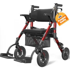 VOCIC Walkers for Seniors, Wheelchairs for Adults, Rollator Walker with Seat, 2 in 1 Rollator Transport Chair with Brakes, Rollator Lightweight Foldable, Walker Wheelchair Combo