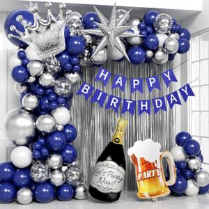 Blue and Silver Birthday Party Decorations, Blue Silver White Foil Balloons Happy Birthday Banner Fringe Curtains for 16th 18th 21st 24th 32th 40th 50th 60th Birthday Decorations for Men