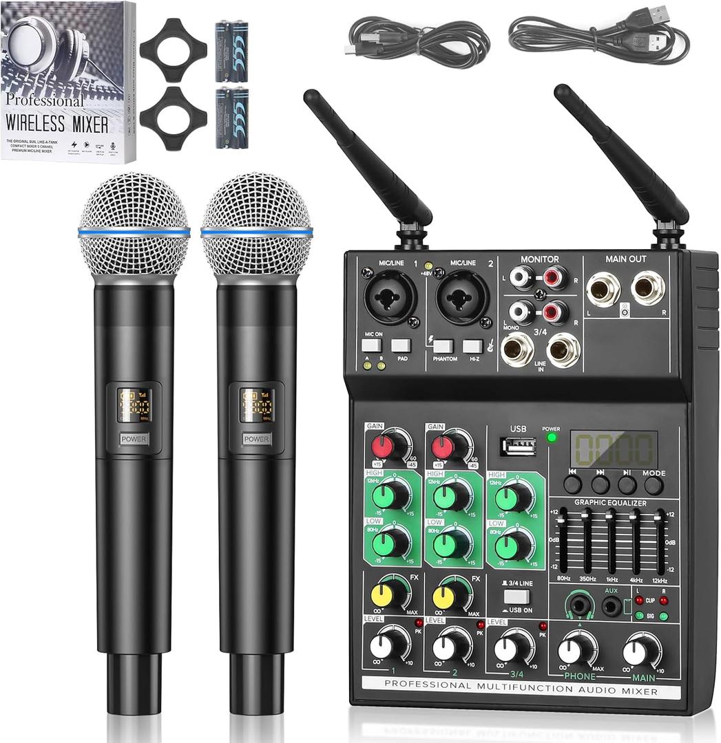 4 Channel Audio Mixer, Professional with Dual Wireless Microphone, Sound Board Console System Interface DJ Mixer BT USB MP3 Computer Input 48V Phantom Power, Suitable for DJ Karaoke Guitar (Black)