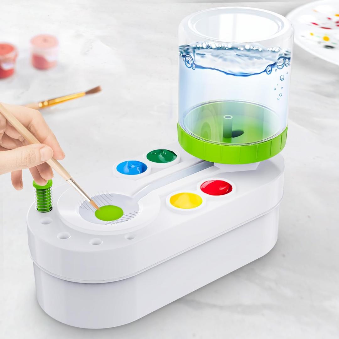 2025 Upgraded Paint Brush Cleaner for Artists, Kids Painting Station with Brush Washer, Portable Paint Station & Rinsing Tool, Art Supplies Cleaning System for Children Adults (White-Green)