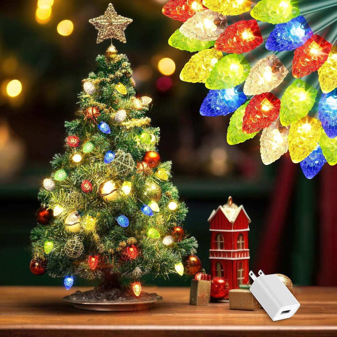 Enhon Mini Christmas Lights for Tabletop Xmas Tree, Mini Xmas Lights with 20 Multicolor C7 LED Light Bulb, 6.56 ft Christmas Village Light with Adapter for Table Decorations Dollhouse Decor