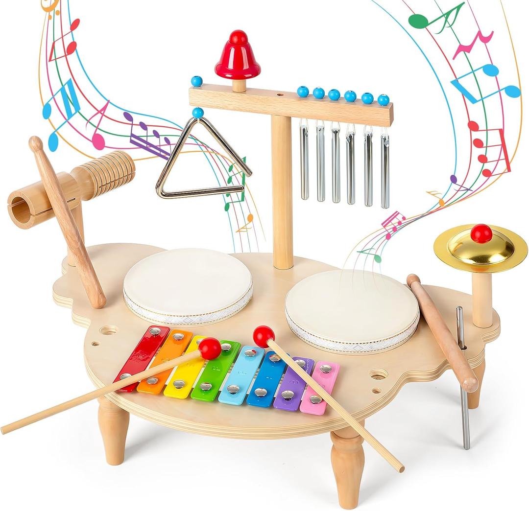 Baby Drum Set for Toddlers 1-3, Wooden Musical Percussion Instruments with Xylophone, Kids Drumset Educational Montessori Music Toys Birthday Gift for Boys Girls