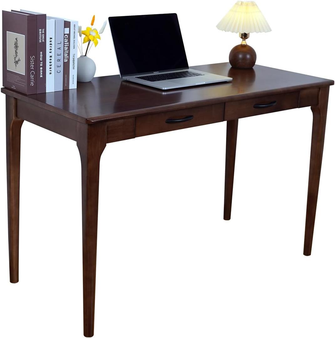 Solid Wood Desk with Drawers, Wooden Computer Desk for Home Office, Gaming Study Desk for Small Spaces, Writing Work Desk for Bedroom,Easy Assembly (Walnut Color 47 inch 2 Drawers), 47 x 21 x 30 inches