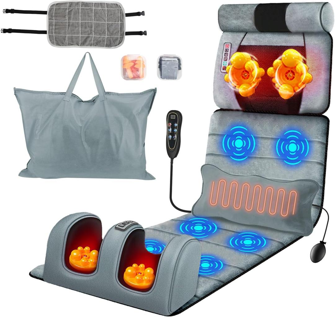 Full Body Massage Mat with Heat,Electric Massage Pad for Neck,Back,Foot&Full Body Pain Relief,10 Vibrating Nodes 3 Heating Levels W/ Detachable Neck,Foot Massager,Head Pillow&Inflatable Lumbar Pillow