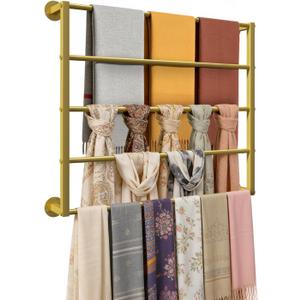 Wall Mounted Scarf Rack, Gold Silk Scarves Hijab Hanger Organizer Metal Racks Wrapping Tissue Paper Ribbon Holder Towels Storage Display for Flower Shop Retail Store (Gold, 5T-27.623.6IN)