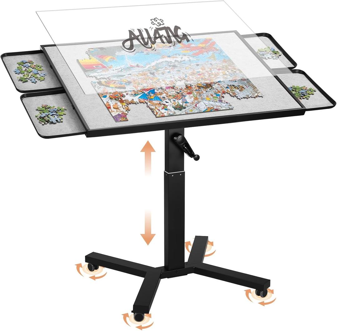 ALL4JIG 1500 Pieces Metal Jigsaw Puzzle Table, 24.92"x33.43", Tilting&Rotating Jigsaw Puzzle Board with 4 Drawers&Cover, Adjustable Height Puzzle Table with Hand Crank, for Lego Building, Gift for Mom, Medium