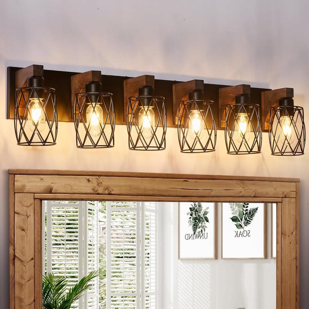 6-Light Farmhouse Vanity Light Fixtures Over Mirror, Black with Cage Metal Shade, Vintage Rustic for Bathroom, Hallway