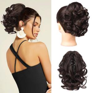 REECHO 9" Short Ponytail Extension, Classic Loose Curly Wavy Claw Clip Pony tails Hair Extensions HP001 Hairpieces for Women (Dark Brown)