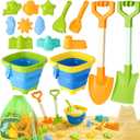 HUITEM Beach Sand Toys for Kids with 20 in Long Beach Shovels, 2 Collapsible Bucket, Sand Castle Building Kit, Sand Molds, Mesh Bag, Travel Sandbox Toys Beach Essentials for Kids Age 3-10