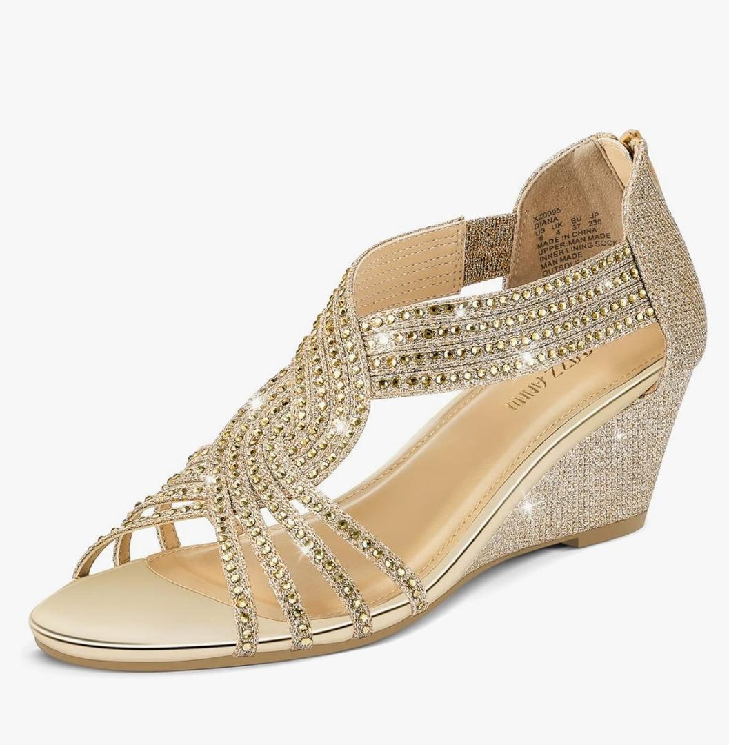 PIZZ ANNU Women's Diana Low Wedge Sandals Sparkly Rhinestone Open Toe Fashion Dress Shoes for Woman Lady in Bridal Dance Evening, 8.5