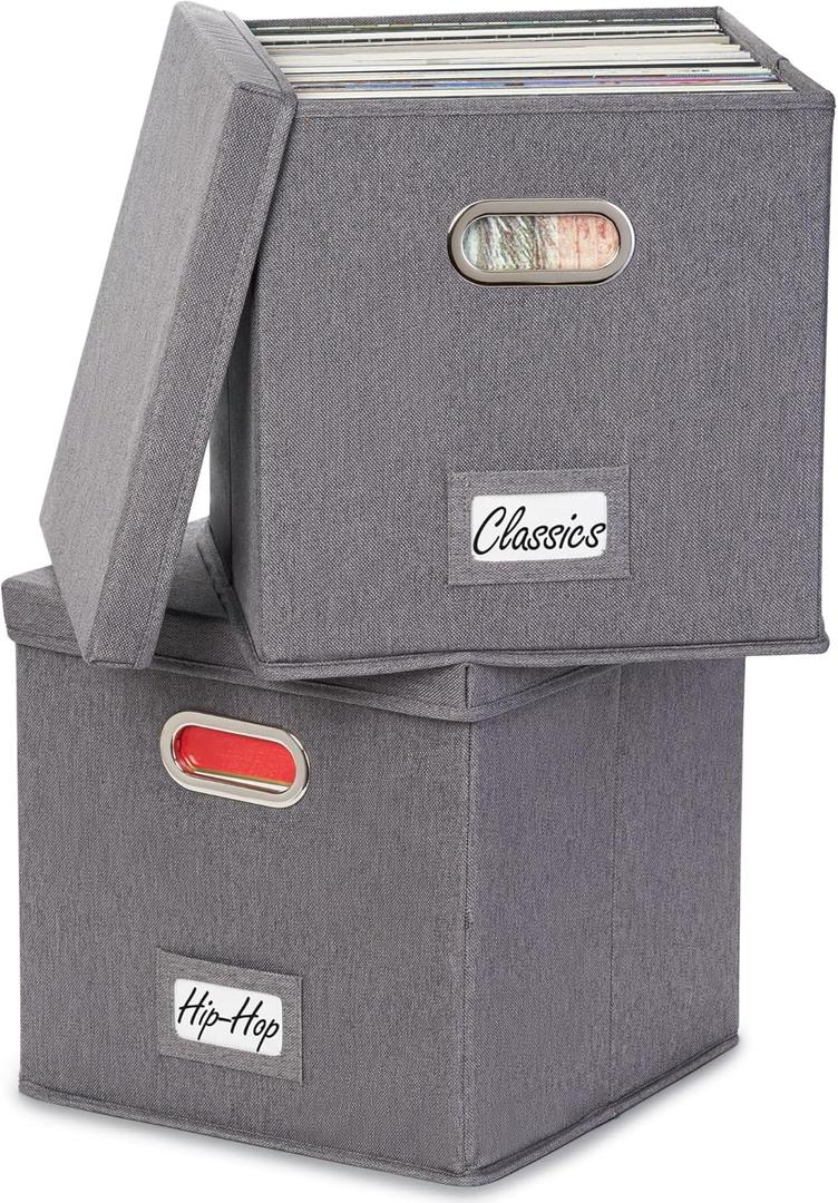 ZICOTO Decorative Vinyl Record Storage Box for 50+ Single Records - Sturdy and Easy to Carry LP Holder with Lid - The Perfect Storage Crate for Your Valuable Album Collection (Set of 2, Grey)