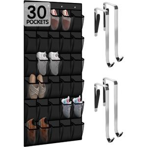 Kotkn Over the Door Shoe Organizer with 30 Breathable Mesh Pockets - Large Capacity Closet Storage for Men & Women, Hanging Shoe Rack Organizer (Solid black)