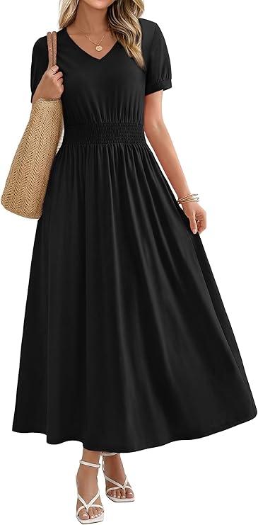 OFEEFAN Maxi Dresses for Women V Neck Ladies Midi Long Dress A Line Smocked Waisted Casual Summer Spring Clothes Boho Beach, M